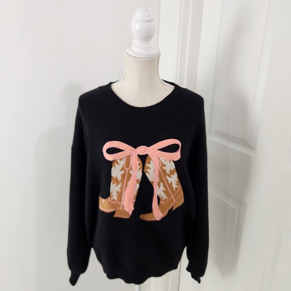 Threaded Leaf Sweater L Black Cowgirl Boots Big Pink Bow Western Rodeo Party